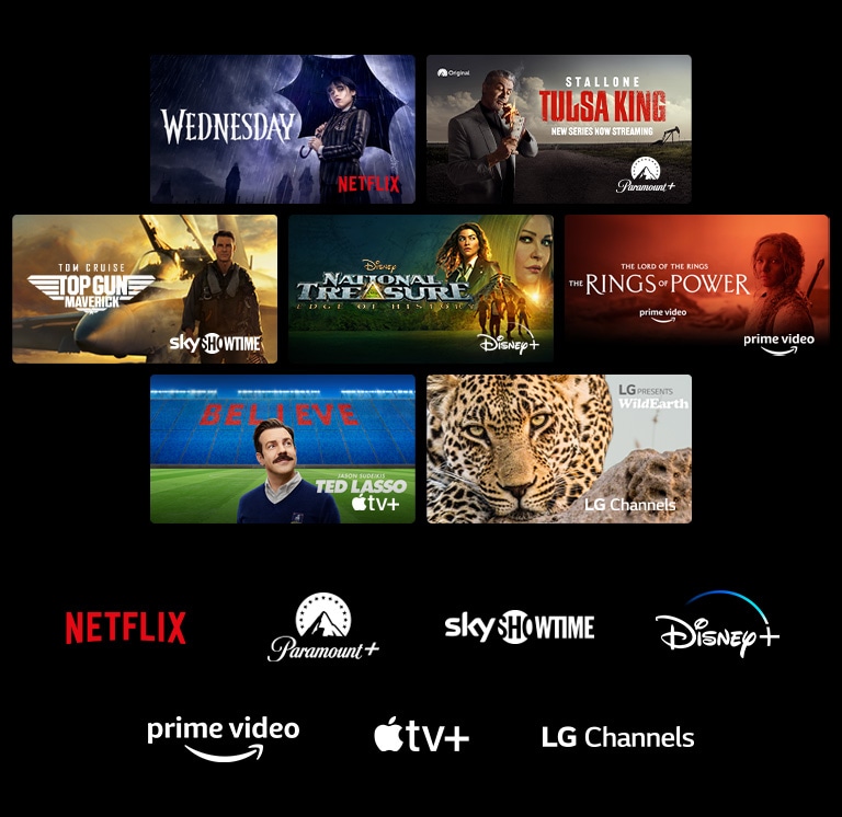 A poster of Wednesday from Netflix, Tulsa King from Paramount+, Top Gun: Maverick from SkyShowtime, National Treasure from Disney+, The Rings of Power from Prime Video, Ted Lasso from Apple TV Plus, and a still from LG Channels with a leopard in the wild.