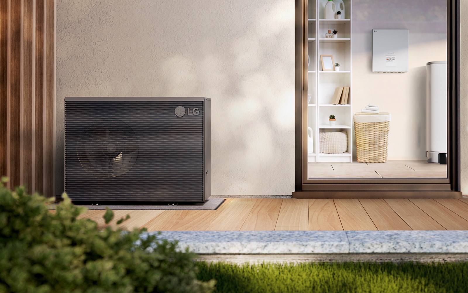 Contemporary house with a wood deck, Therma V R290 Monobloc heat pump, and green grass with a brush nearby