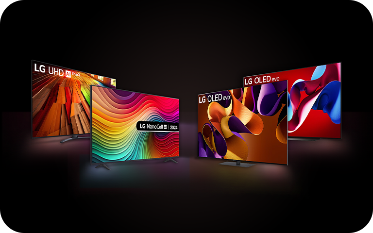 Vier LG smart TV's in verschillende kleuren: OLED evo TV, OLED TV, LG UHD AI en LG NANOCELL AI TV-modellen samen weergegeven.