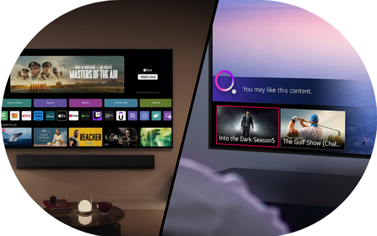 Twee afbeeldingen van een LG TV waarop verschillende apps worden weergegeven, waarbij de programmafuncties van LG webOS Re:New worden benadrukt.