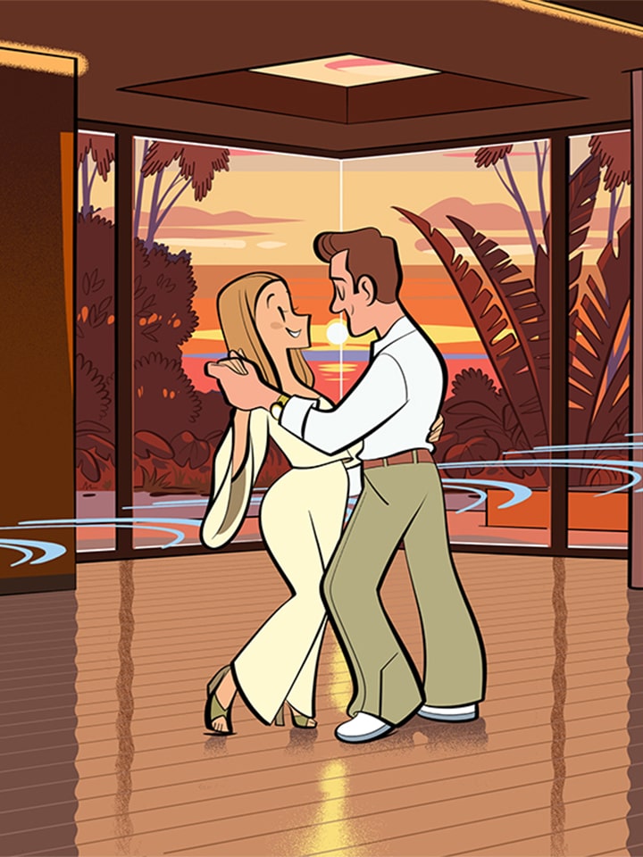 A couple dancing in a living room adorned with LG SIGNATURE