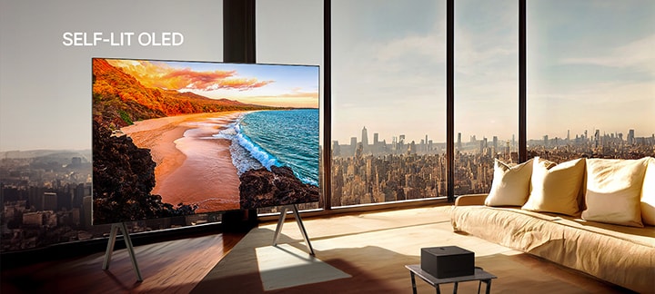 LG SIGNATURE OLED M with a beach on screen with text of 'SELF-LIT OLED'