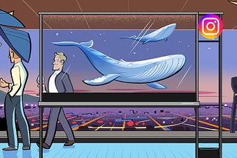 This is an image in a comic art style. In front of a window showing a night view, a transparent television displays a whale. Behind the television, two men are passing by.