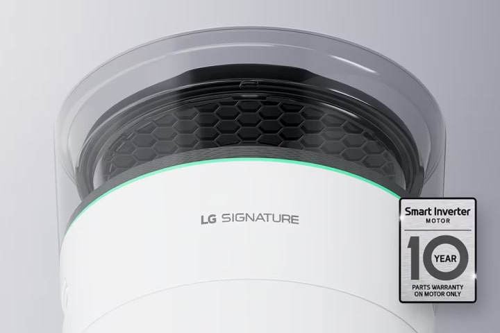 A 10-year warranty label imposed over a close-up picture of the side of the Air Purifier showing the LG SIGNATURE logo.