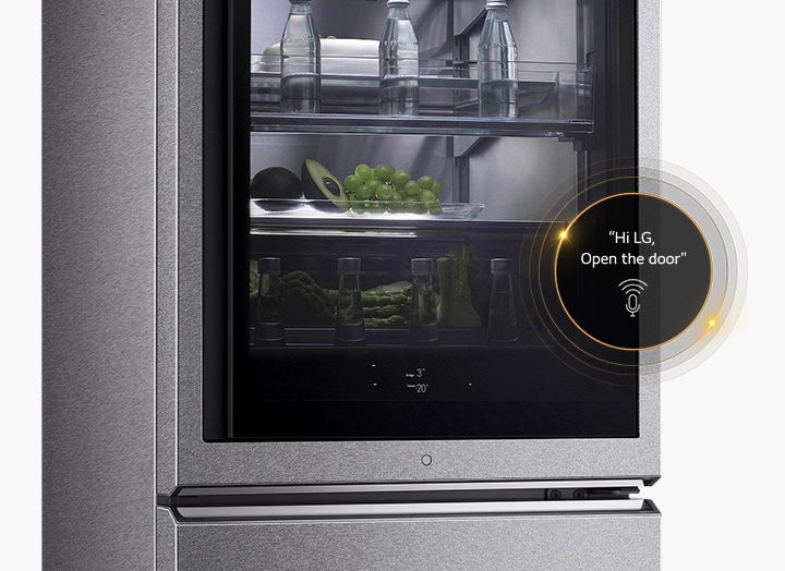 LG SIGNATURE Bottom Freezer is being controlled by LG ThinQ's voice control system.