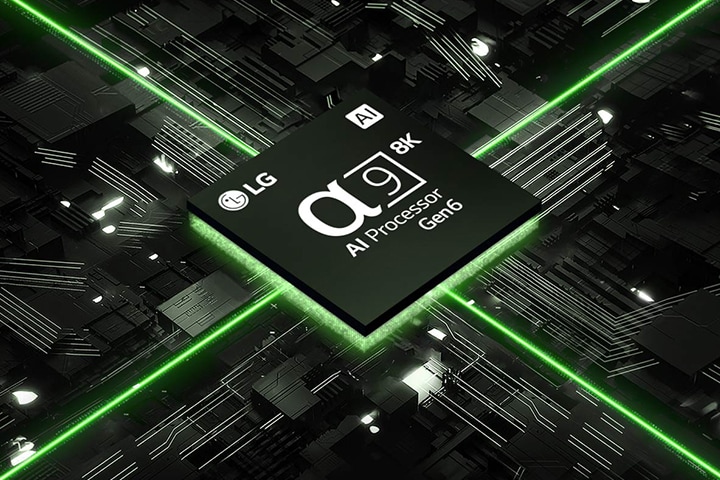 A video of the α9 AI Processor 8K Gen6 against a circuit board. The board illuminates, and green lights emit from the chip representing its power.