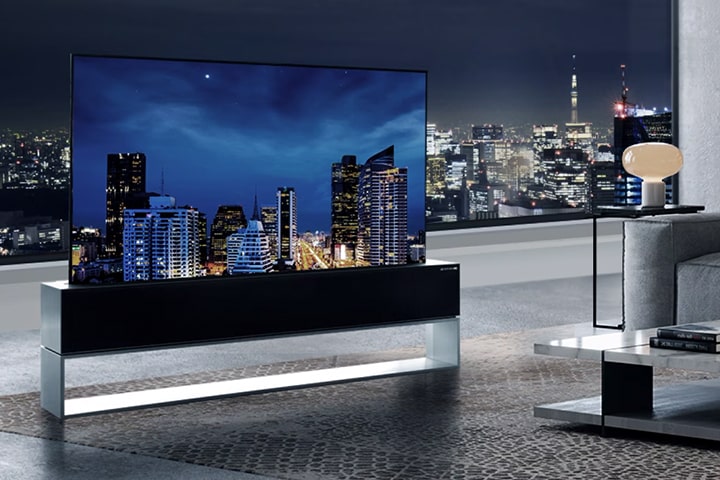 Luxurious living room with the LG SIGNATURE Rollable OLED TV.