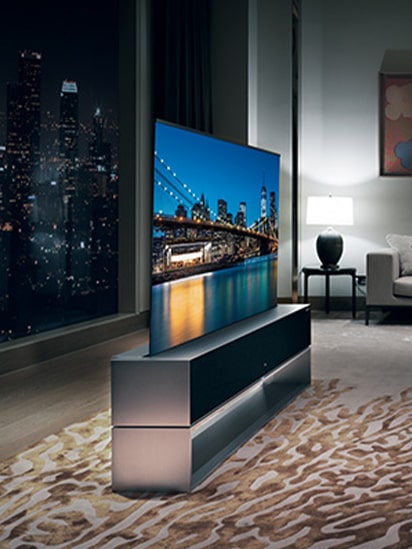 Luxurious living room with the LG SIGNATURE Rollable OLED TV.