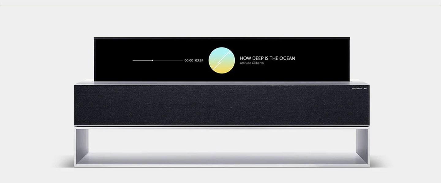 LG SIGNATURE Rollable OLED TV's line view screen displays icons: Music, Clock, Frame, Mood, and ThinQ Home Dashboard.