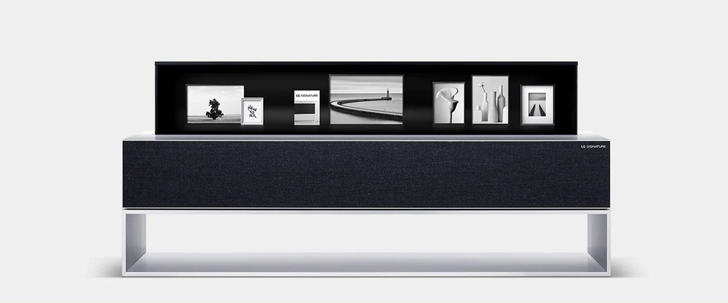 LG SIGNATURE Rollable OLED TV's line view screen displays icons: Music, Clock, Frame, Mood, and ThinQ Home Dashboard.