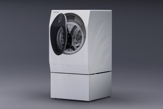 Image showing the full LG Signature Washing Machine, taken from the front, stood against a dark backdrop.