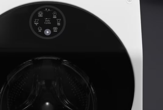 Close up image of the the LG Signature Washing Machine, clearly showing the quick circle display