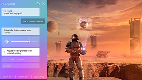 Sci-fi content is playing on an LG OLED TV screen. On the left side of the screen is the AI Chatbot interface. The user messages the chatbot that the screen is too dark and the chatbot offers solutions to the request.