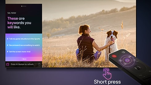 The LG AI Magic Remote in use. Shortly pressing the AI button activates the AI Assistant on the OLED TV screen, which then suggests keywords.