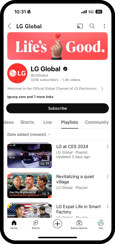 Image of the lge_lifesgood YouTube playlist screen, Optimism your feed.