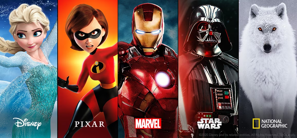 -Disney + logo followed by five vertical title cards for Disney, Pixar, Marvel, Star Wars and National Geographic.