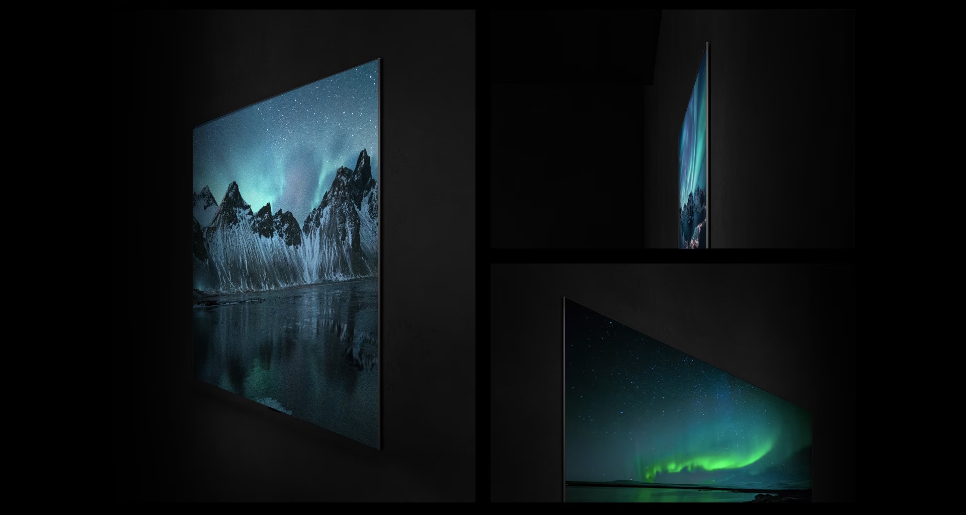 Un televisore LG OLED montato a parete viene mostrato da varie angolazioni per mettere in evidenza Gallery Design e Flat Back