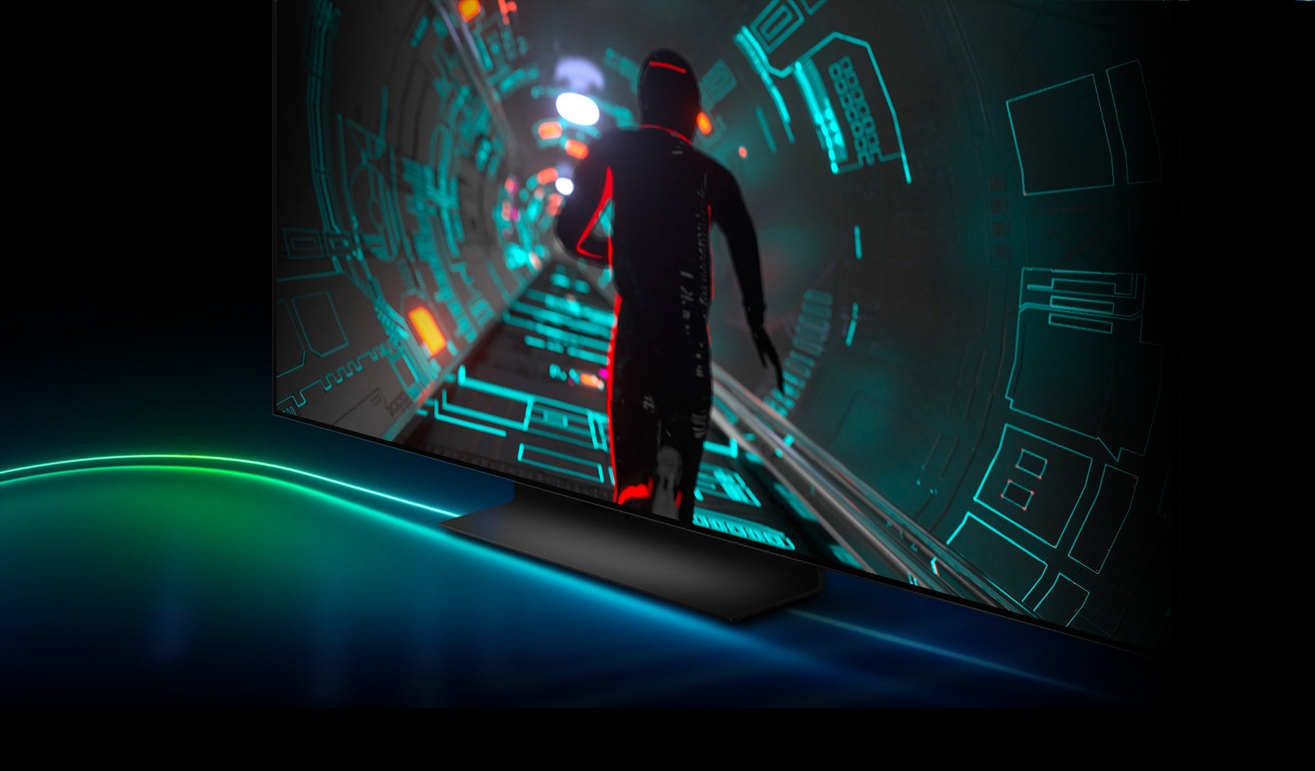 Uma personagem de um jogo de ficção científica corre através de um túnel com luzes néon