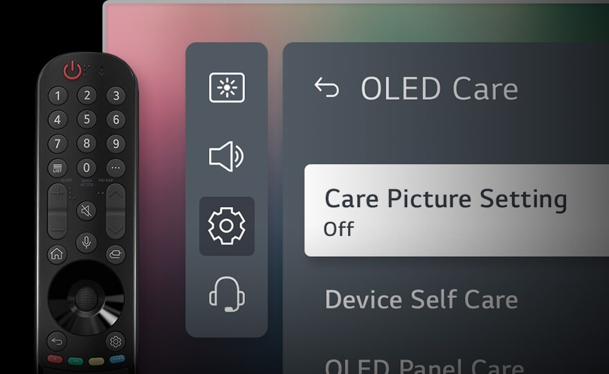 Une image de la télécommande et du menu LG OLED Care