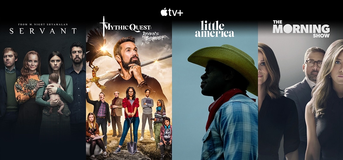 Logotipo de Apple TV+ seguido de cuatro intertítulos verticales de Servant, Mythic Quest, Little America y The Morning Show