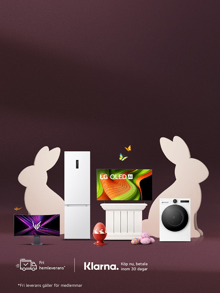 En uppställning av LG-produkter som visar en datorskärm, ett kylskåp med öppen dörr och synlig mat inuti, en TV placerad på en central piedestal samt en tvättmaskin, allt arrangerat mot en ren och modern bakgrund