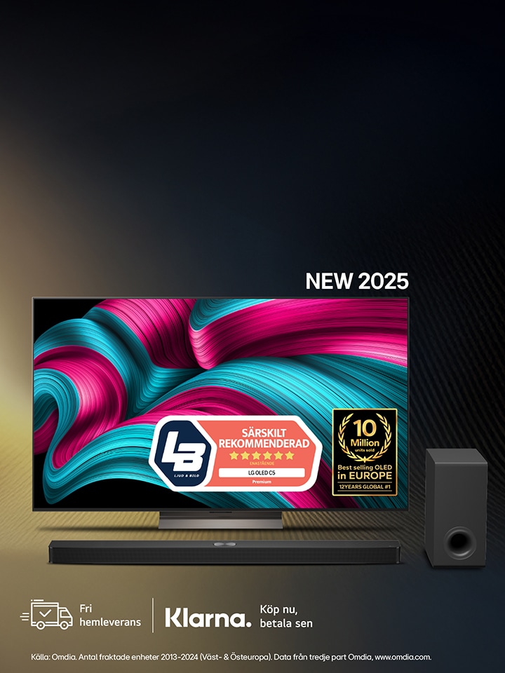 Denna bild har en TV och en soundbar tillsammans med en subwoofer, ikoner med fri frakt och Klarna-logotyp