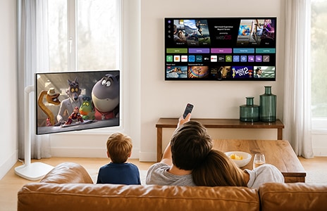 En mamma och hennes barn sitter i soffan i ett ljust vardagsrum. Mamman tittar på en väggmonterad LG-TV, medan barnet tittar på animerat innehåll på en LG Smart Monitor som är monterad på en Swing-arm till vänster. Rummet är upplyst av dagsljus, vilket skapar en mysig och avslappnad stämning.