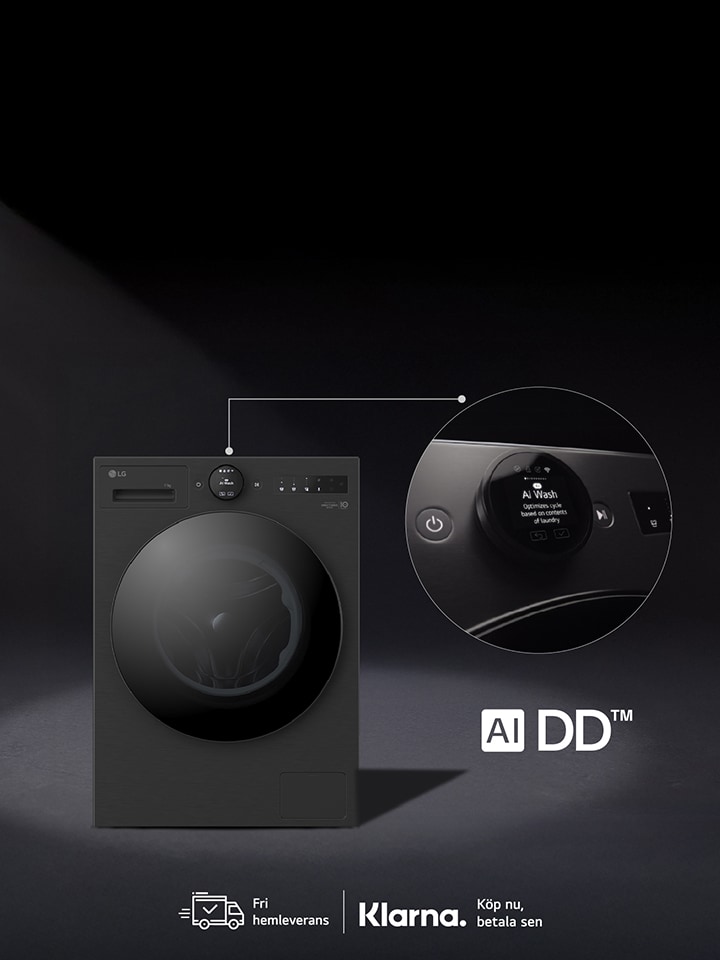LG AI DD™ frontmatad tvättmaskin med närbild på kontrollvredet som visar programalternativ. Utvalda funktioner inkluderar AI Direct Drive-teknologi och energieffektivitet.