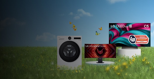 LG:s konsumentelektronikprodukter – tvättmaskin, bildskärm och smart-TV – placerade på en gräsmatta, blå himmel och några moln i bakgrunden.  Rubrik: Vårens bästa LG-deals
