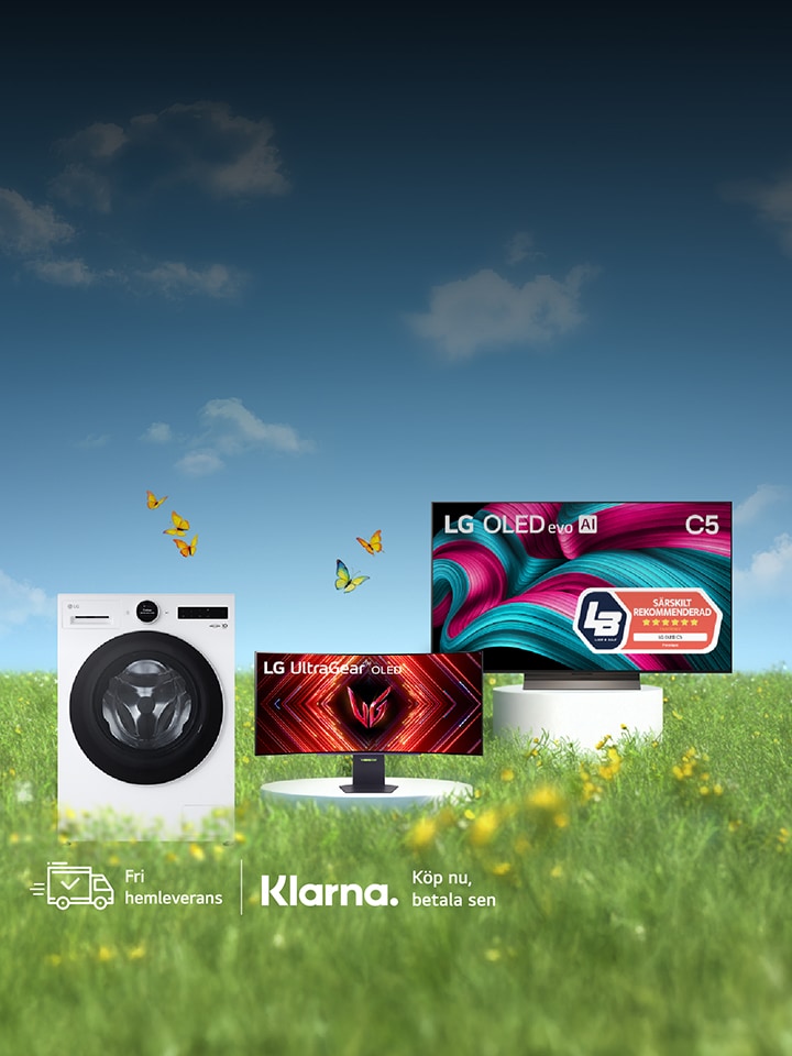 LG:s konsumentelektronikprodukter – tvättmaskin, bildskärm och smart-TV – placerade på en gräsmatta, blå himmel och några moln i bakgrunden. Rubrik: Vårens bästa LG-deals