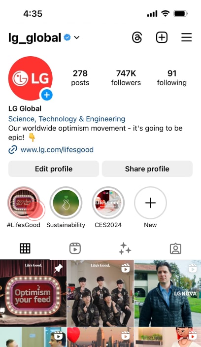 lg_global Instagramの画面イメージ。