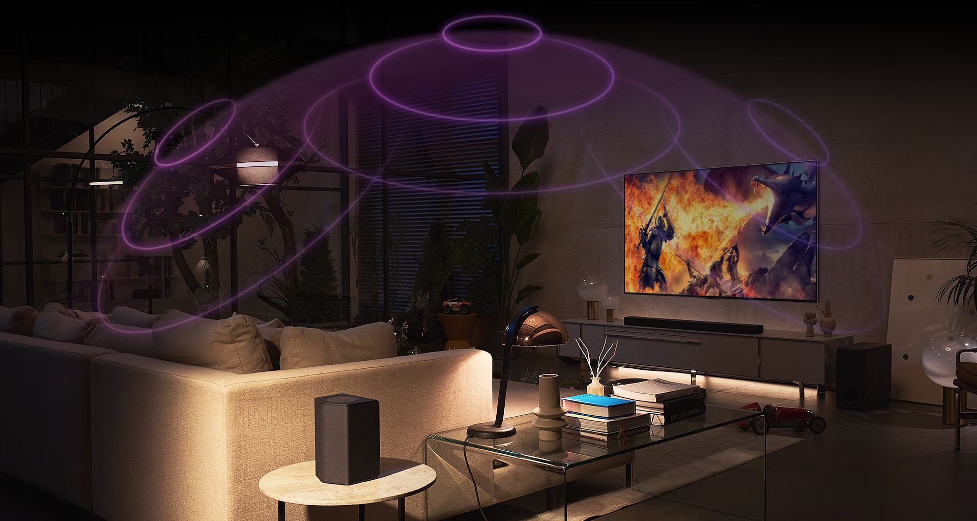 An LG OLED TV is in a cozy living room at night. As the movie plays, bubbles depicting surround appear.