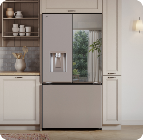 The LG InstaView fridge's right door reflects the landscape like a mirror, combining style and function.