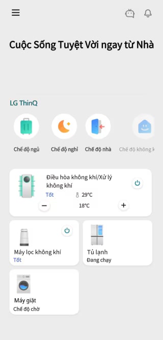 Ứng dụng LG ThinQ hiển thị màn hình chính với nhiều sản phẩm được kết nối với nó.