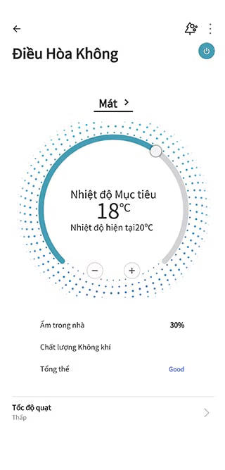 Giao diện ứng dụng LG ThinQ hiển thị trạng thái của căn phòng như nhiệt độ, độ ẩm và chất lượng không khí. Ứng dụng LG ThinQ cho phép điều khiển chế độ và nhiệt độ của máy điều hòa từ xa.