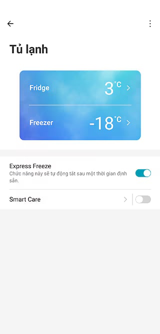 Giao diện ứng dụng LG ThinQ hiển thị trạng thái của tủ lạnh.
