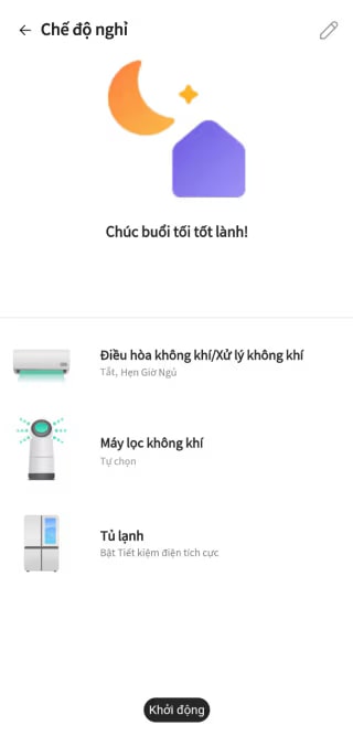 Giao diện ứng dụng LG ThinQ hiển thị màn hình chế độ ngủ. Máy điều hòa và máy lọc không khí đã được nạp thói quen đi ngủ.