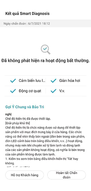 Ứng dụng LG ThinQ hiển thị tính năng chẩn đoán thông minh của tủ lạnh LG ThinQ có vấn đề về nhiệt độ, động cơ quạt và nhiều vấn đề khác nữa.