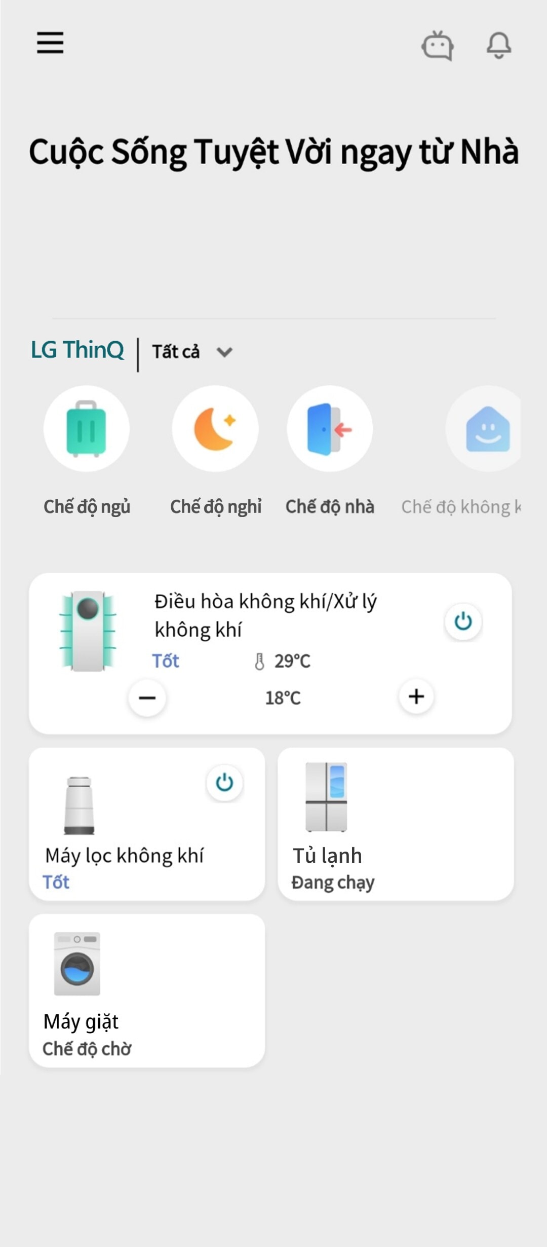 Màn hình chính của ứng dụng LG ThinQ.