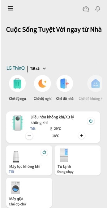 Màn hình ứng dụng LG ThinQ hiển thị màn hình chính.