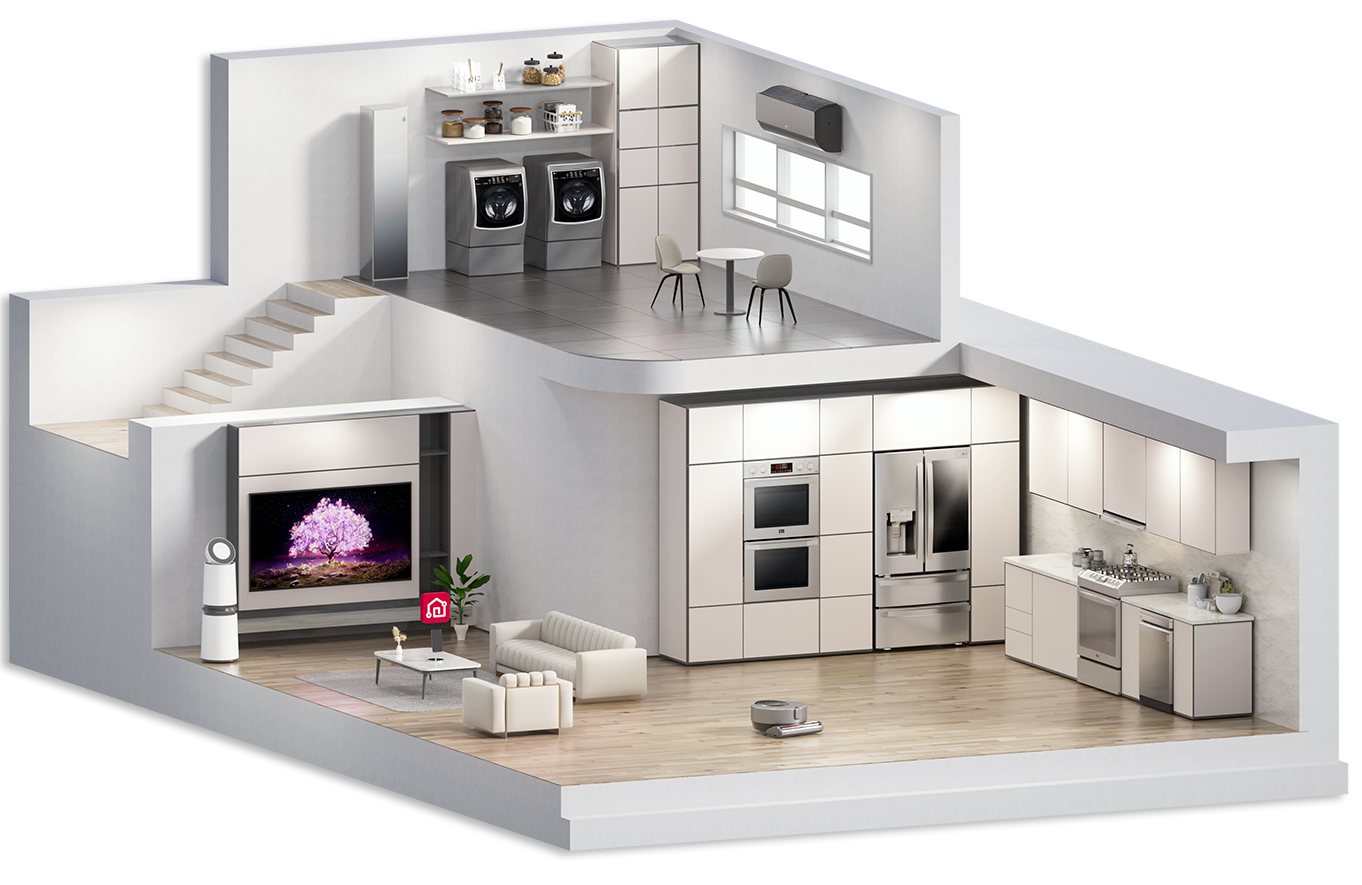 Cross-section of a two-story 3D model house with Ứng dụng LG ThinQliances.