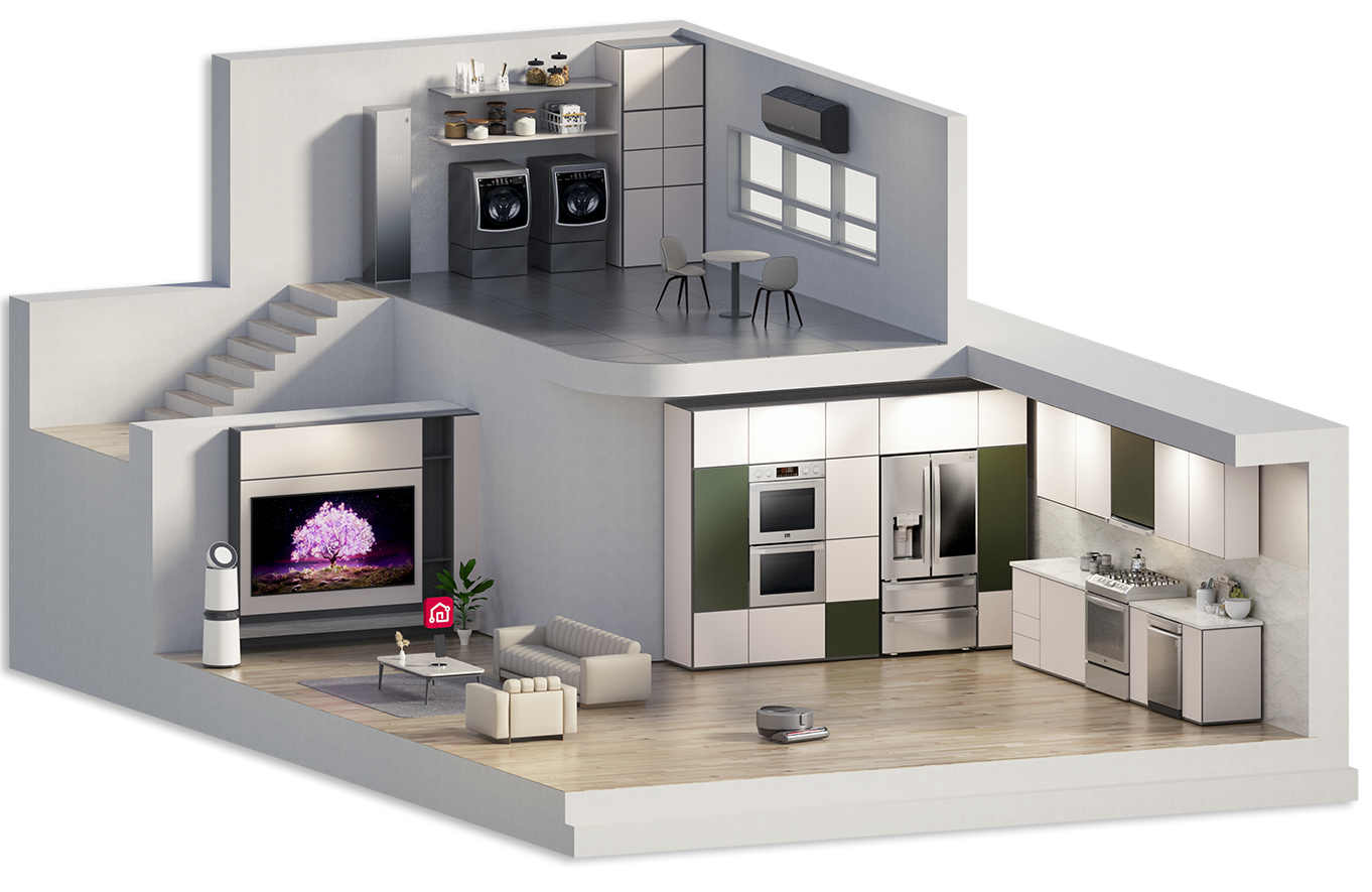 Cross-section of a two-story 3D model house with Ứng dụng LG ThinQliances.