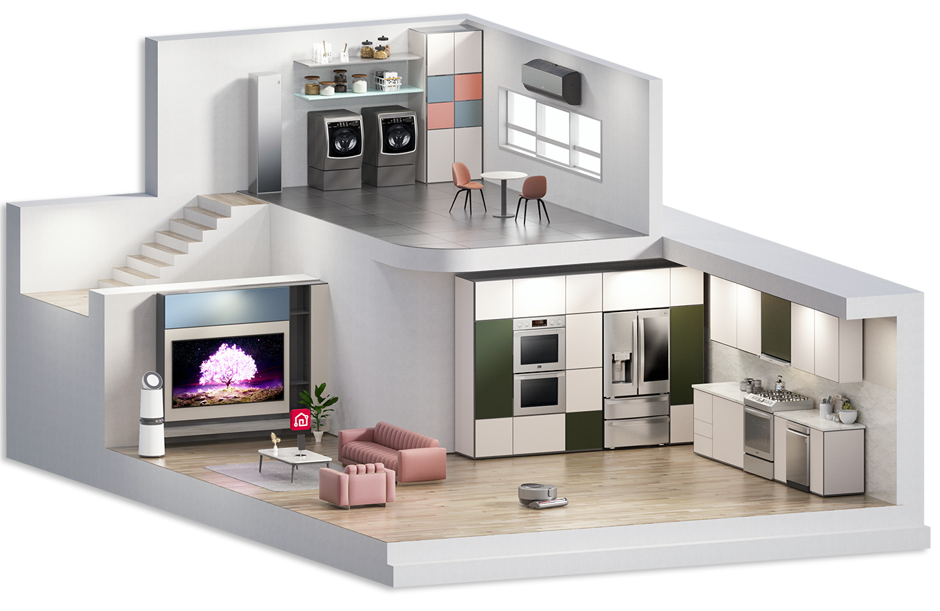 Cross-section of a two-story 3D model house with Ứng dụng LG ThinQliances.