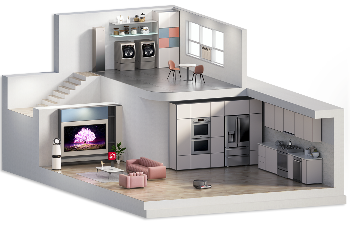 Cross-section of a two-story 3D model house with Ứng dụng LG ThinQliances.