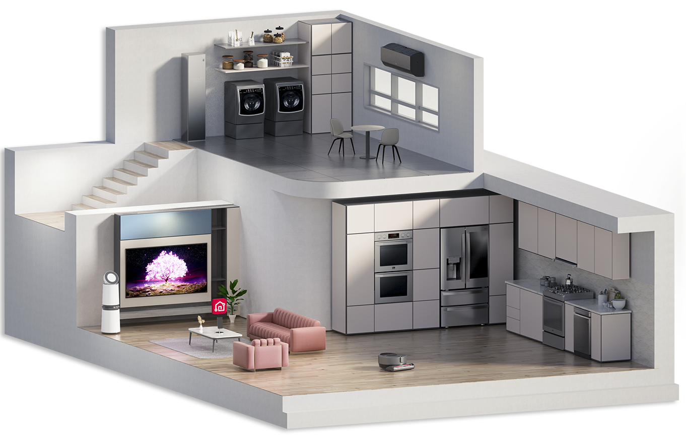 Cross-section of a two-story 3D model house with Ứng dụng LG ThinQliances.