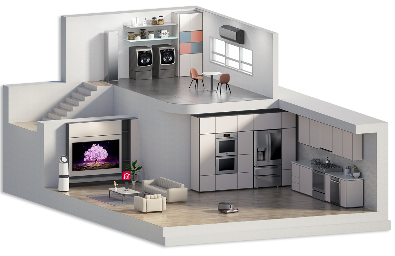 Cross-section of a two-story 3D model house with Ứng dụng LG ThinQliances.