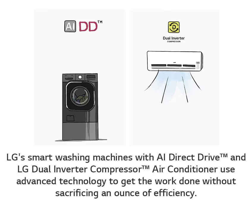 Máy giặt LG Smart với hệ thống truyền động trực tiếp AI và điều hòa không khí sử dụng công nghệ tiên tiến để hoàn thành công việc mà không phải hy sinh năng lượng.
