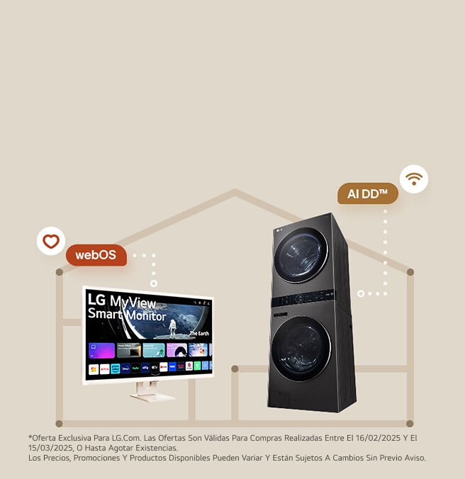 Hay un monitor a la izquierda y una lavadora LG a la derecha.