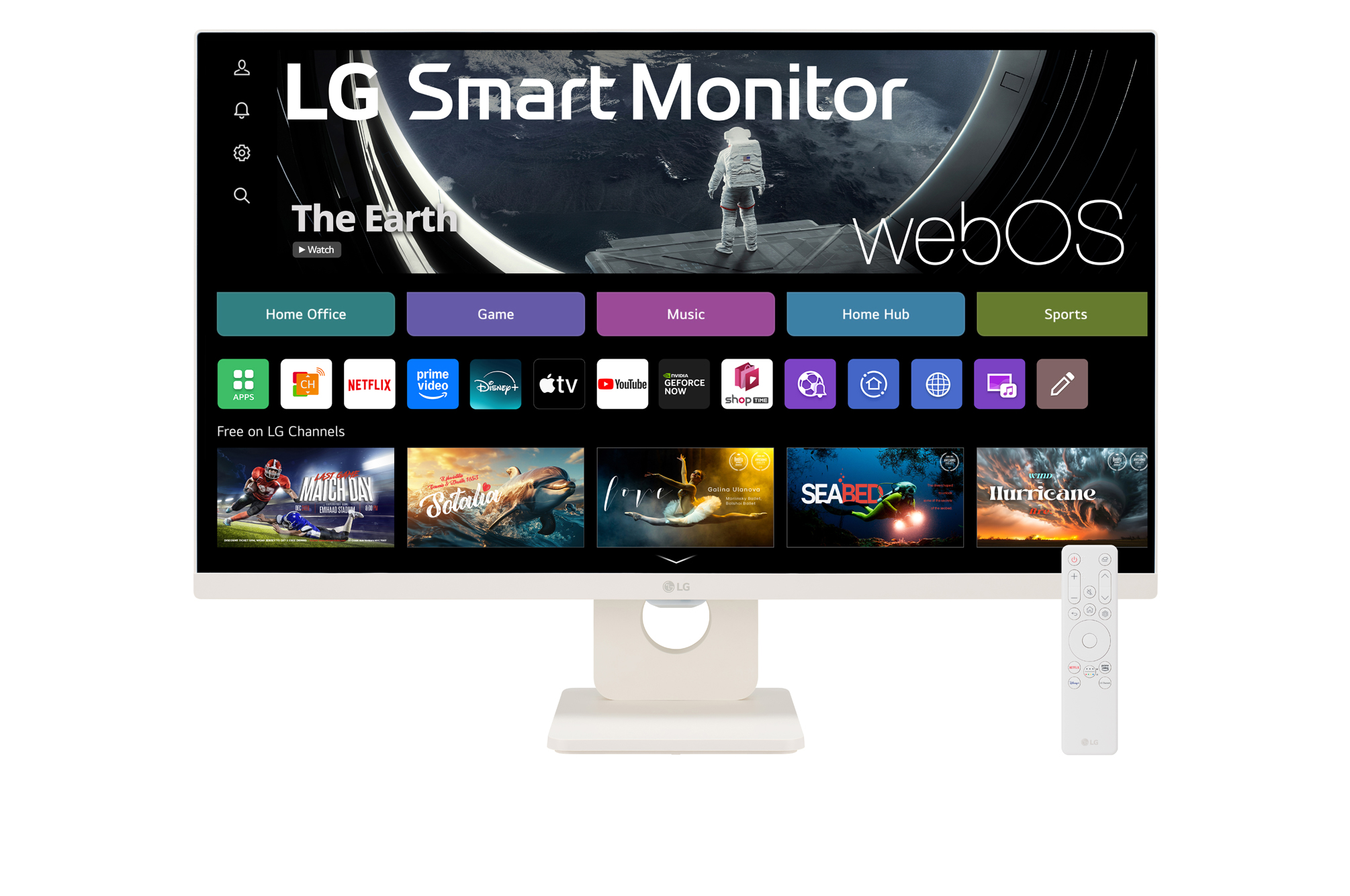 Front view of 27" LG Smart Monitor, Full HD IPS display, webOS, LG ThinQ, Screen Share, Bluetooth, White. (27SR50F)