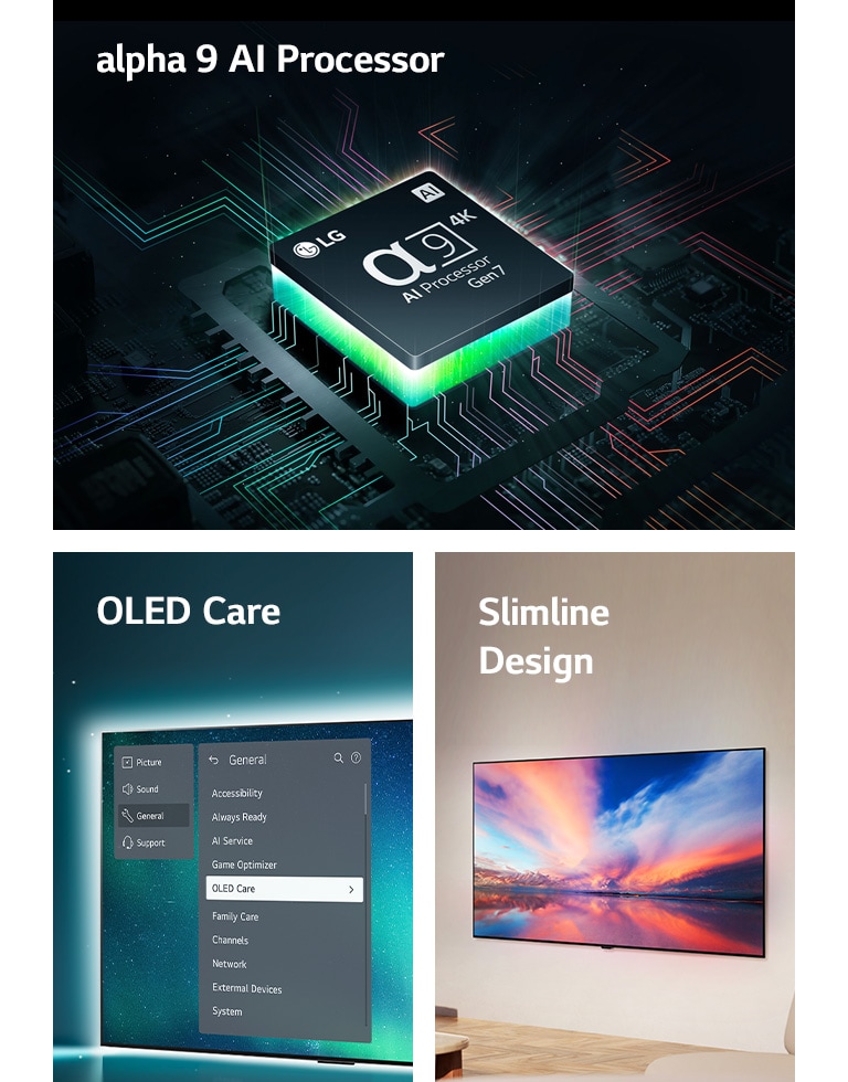 Der alpha 8 4K AI-Prozessor von LG auf einem Motherboard, der orangefarbene Lichtblitze aussended. Ein OLED TV, OLED Care ist im Support-Menü ausgewählt, welches auf dem Bildschirm angezeigt wird. Das schlanke Design in einer Seitenansicht, wie es in einem modernen Wohnbereich flach an die Wand gehängt wird.